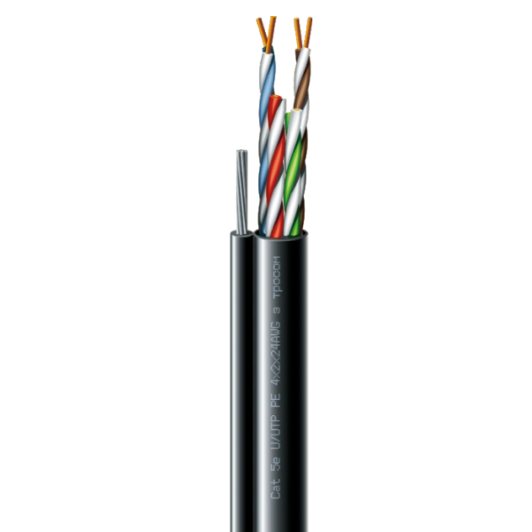 Кабель кручена пара ЗЗКМ (UTP мідь вуличний з тросом) Cat. 5e U/UTP  РЕ steel cord 4x2x24 AWG (k) трос (70910181) бухта 305м